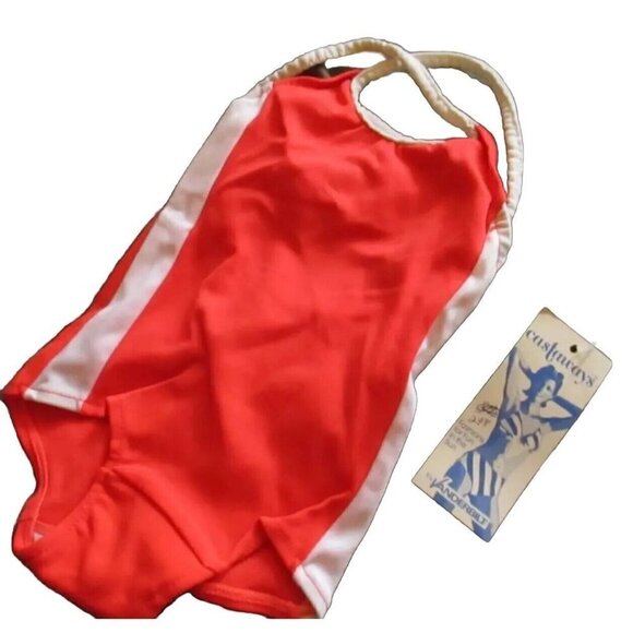 Vintage 1980's GIRLS 3 SwimSuit RED/WHITE 1 Piece swim suit CASTAWAYS NOS